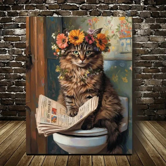 Contemporary Floral Crown Kitty Reading Newspaper 40x60cm Metal Print Ready to Hang