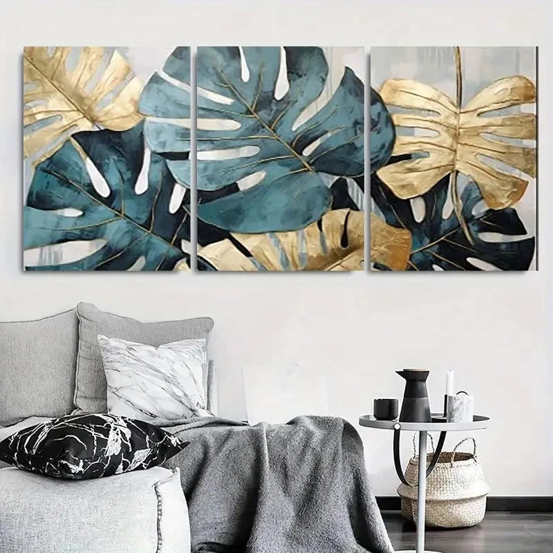 3pcs Vibrant Teal & Golden Palm Leaf Wall Art Set Canvas Framed 40x60cm - High Quality Print 100% Australian Made Wall Canvas Ready to Hang