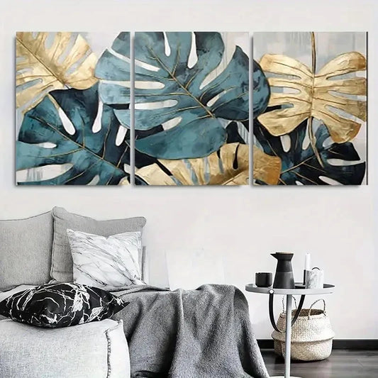 3pcs Vibrant Teal & Golden Palm Leaf Wall Art Set Canvas Framed 40x60cm - High Quality Print 100% Australian Made Wall Canvas Ready to Hang