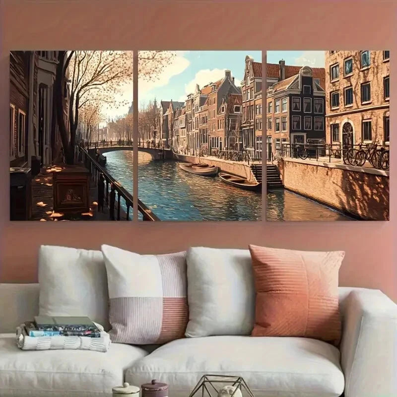 3pcs Canal Scene with Historic Houses Metal Print Ready to Hang Art