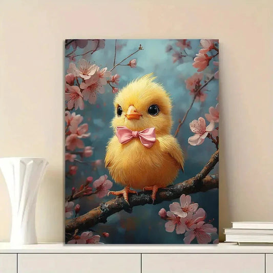 Cute Yellow Chick with an Adorable Pink Bow Sitting  40x60cm Metal Print Ready to Hang