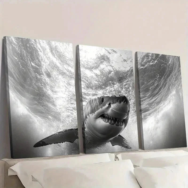 3pcs Black And White Shark Underwater Scene Wall Art Set Canvas Framed 40x60cm - High Quality Print 100% Australian Made Wall Canvas Ready to Hang