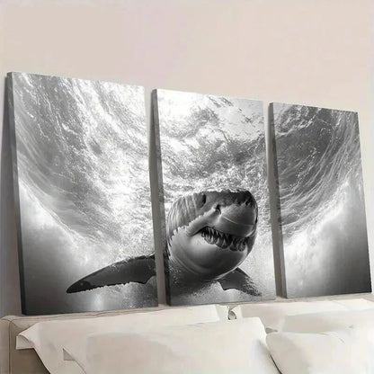 3pcs Black And White Shark Underwater Scene Wall Art Set Canvas Framed 40x60cm - High Quality Print 100% Australian Made Wall Canvas Ready to Hang