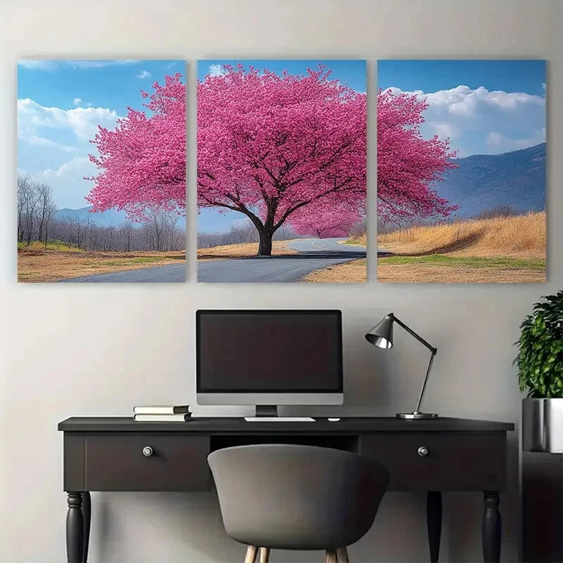 3pcs Large Pink Blossom Tree Spring Nature Metal Print Ready to Hang Art