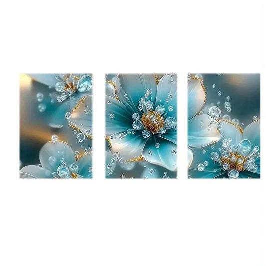 3pcs Abstract Floral Design with Blue & Golden Metal Print Ready to Hang Art