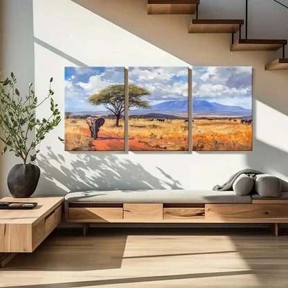 3pcs African Landscape Elephant Acacia Tree Metal Print Ready to Hang Art