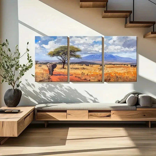 3pcs African Landscape Elephant Acacia Tree Metal Print Ready to Hang Art