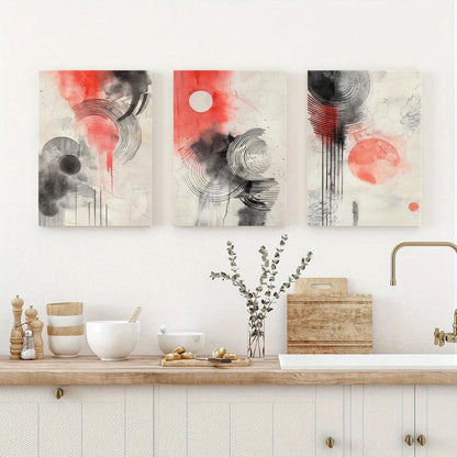 3pcs Modern Abstract Geometric Black & Red Circles Metal Print Ready to Hang Art