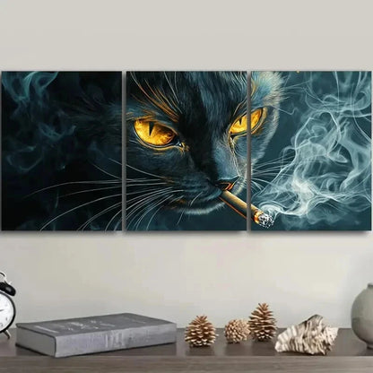 3pcs A Black Cat with Yellow Eyes Smoking Wall Art Set Canvas Framed 40x60cm - High Quality Print 100% Australian Made Wall Canvas Ready to Hang