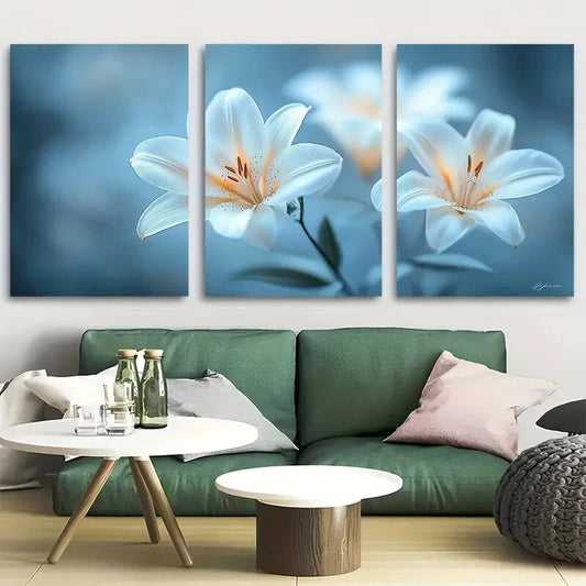 3pcs White Lilies Floral Bouquet Metal Print Ready to Hang Art