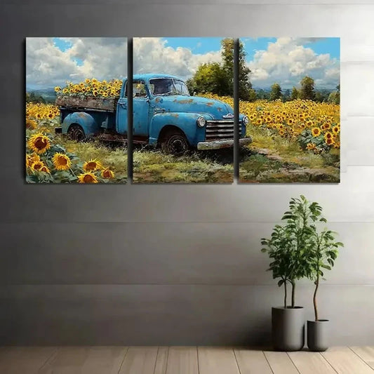 3pcs Vintage Car on a Sunflower Field Art Painting Metal Print Ready to Hang Art