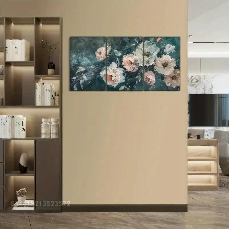 3pcs Dark Blue Floral Art Poster Oil Painting Metal Print Ready to Hang Art