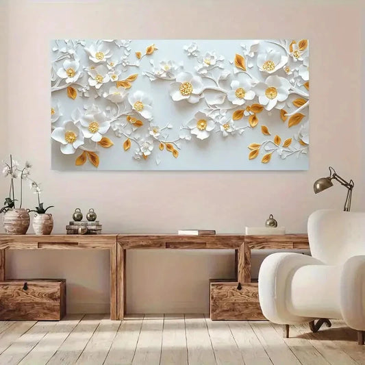 Botanic Gold White Flowers wall canvas office home room framed 120x60cm - Bella Home Decor