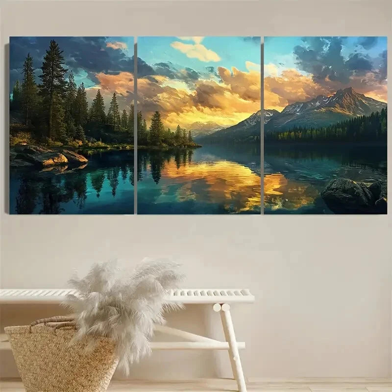 3pcs Mountain Lake Sunset Serene Nature Scenery Metal Print Ready to Hang Art
