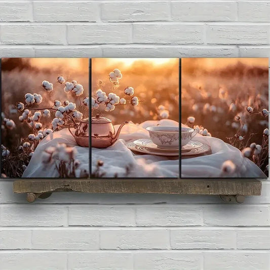 3pcs Teapots and Cups in The Fields Metal Print Ready to Hang Art