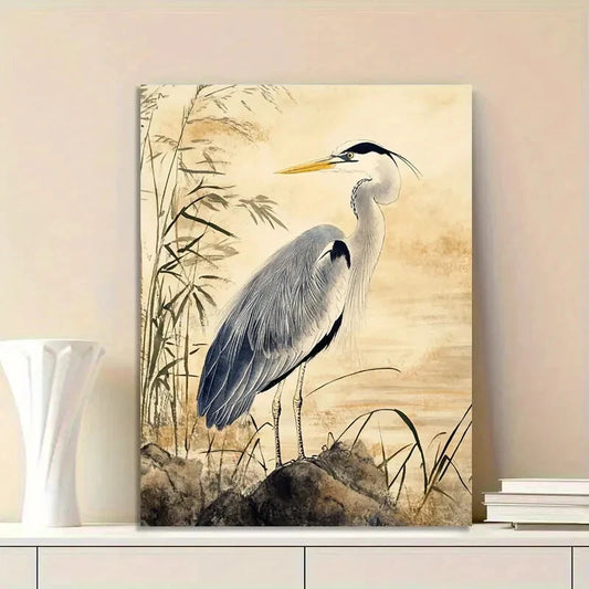 There Is an Elegant Gray Heron Standing on Grassy Rock 40x60cm Metal Print Ready to Hang