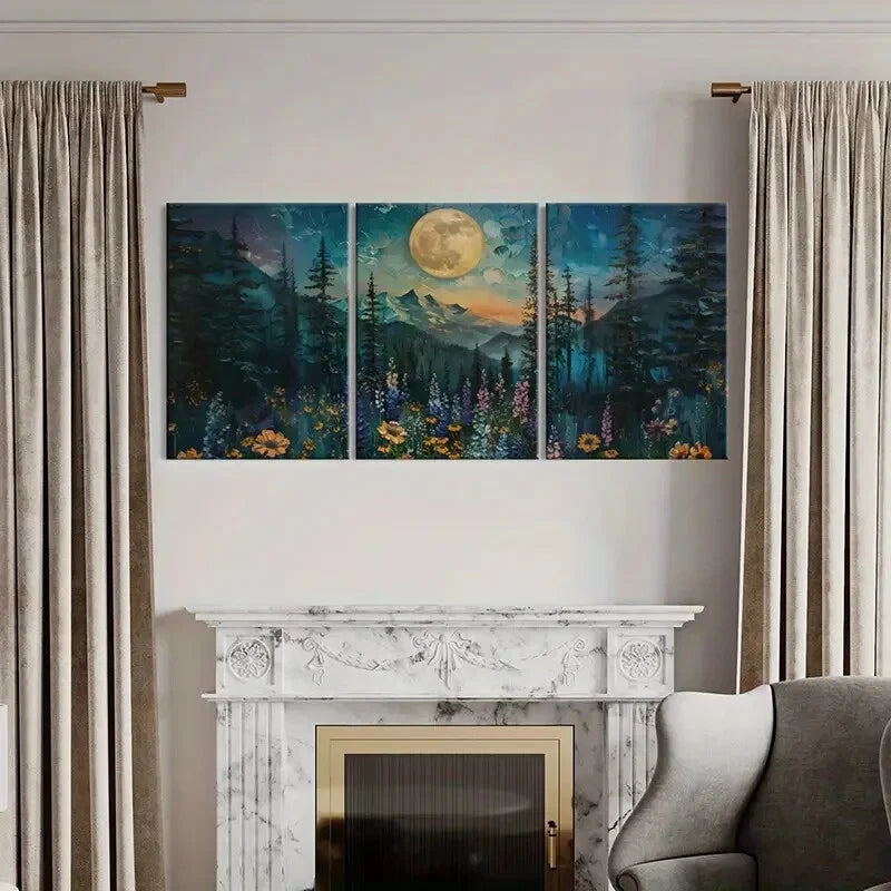 3pcs Moonlit Forest Landscape Floral Meadow Metal Print Ready to Hang Art