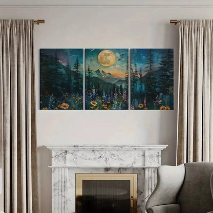 3pcs Moonlit Forest Landscape Floral Meadow Metal Print Ready to Hang Art