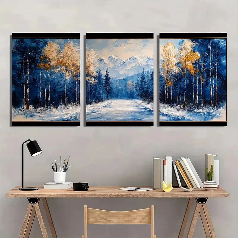 3pcs Handmade Painting Forest Snow Scene Metal Print Ready to Hang Art
