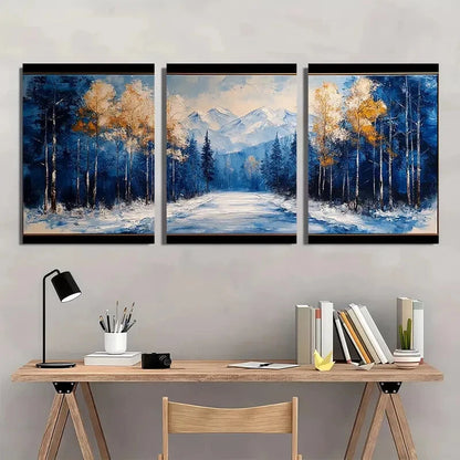 3pcs Handmade Painting Forest Snow Scene Metal Print Ready to Hang Art