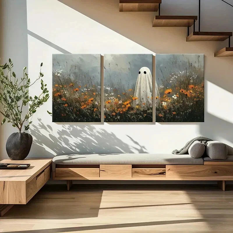 3pcs Artistic Ghost Figure Floral Field Mysterious Metal Print Ready to Hang Art