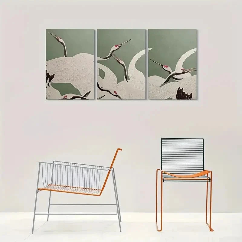 3pcs White Birds on Green Background Metal Print Ready to Hang Art