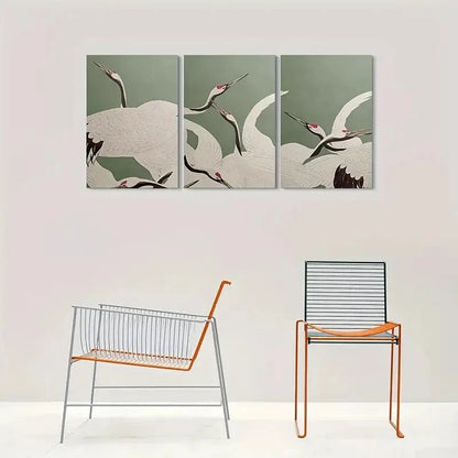 3pcs White Birds on Green Background Metal Print Ready to Hang Art