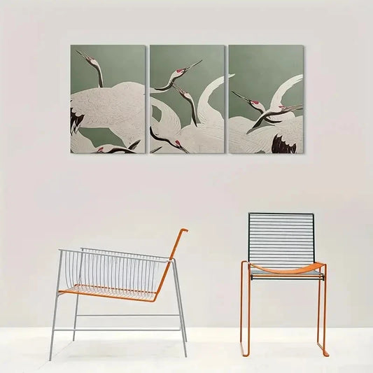 3pcs White Birds on Green Background Metal Print Ready to Hang Art