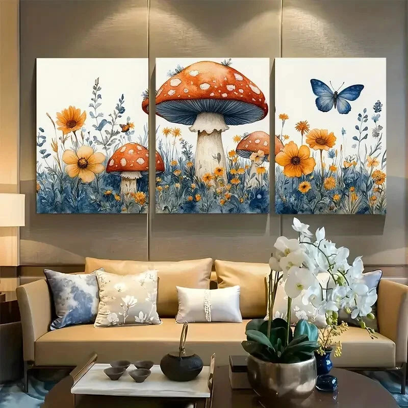 3pcs Floral Mushrooms Butterfly Nursery Design Metal Print Ready to Hang Art