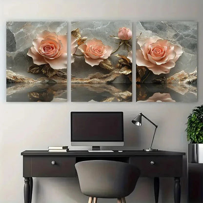 3pcs Pink Golden Roses Reflecting on Grey Marble Metal Print Ready to Hang Art