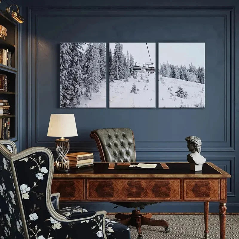 3pcs Snowy Forest Ski Lift & Pine Trees Posters Metal Print Ready to Hang Art
