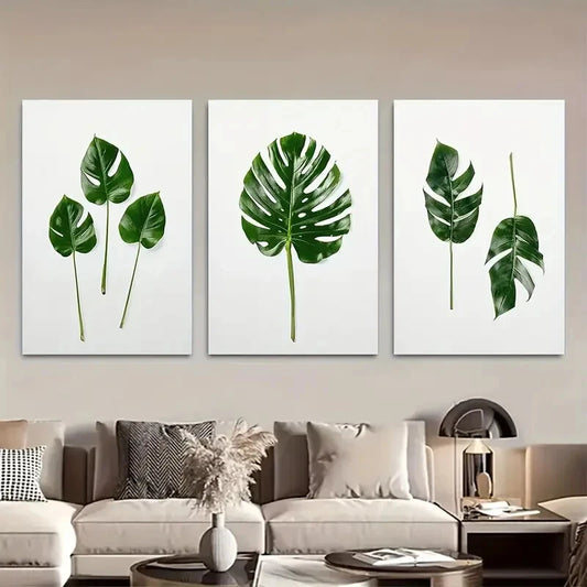 3pcs Vibrant Monstera Leaves Tropical Palm Leaf Metal Print Ready to Hang Art