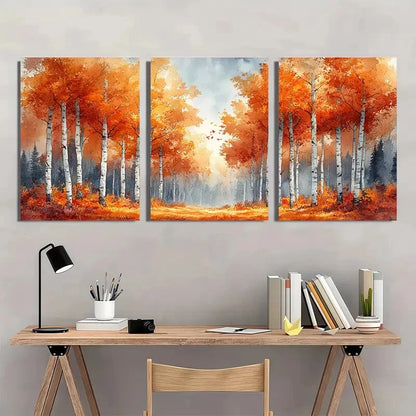 3pcs Autumn Birch Grove Watercolor Landscape Art Metal Print Ready to Hang Art