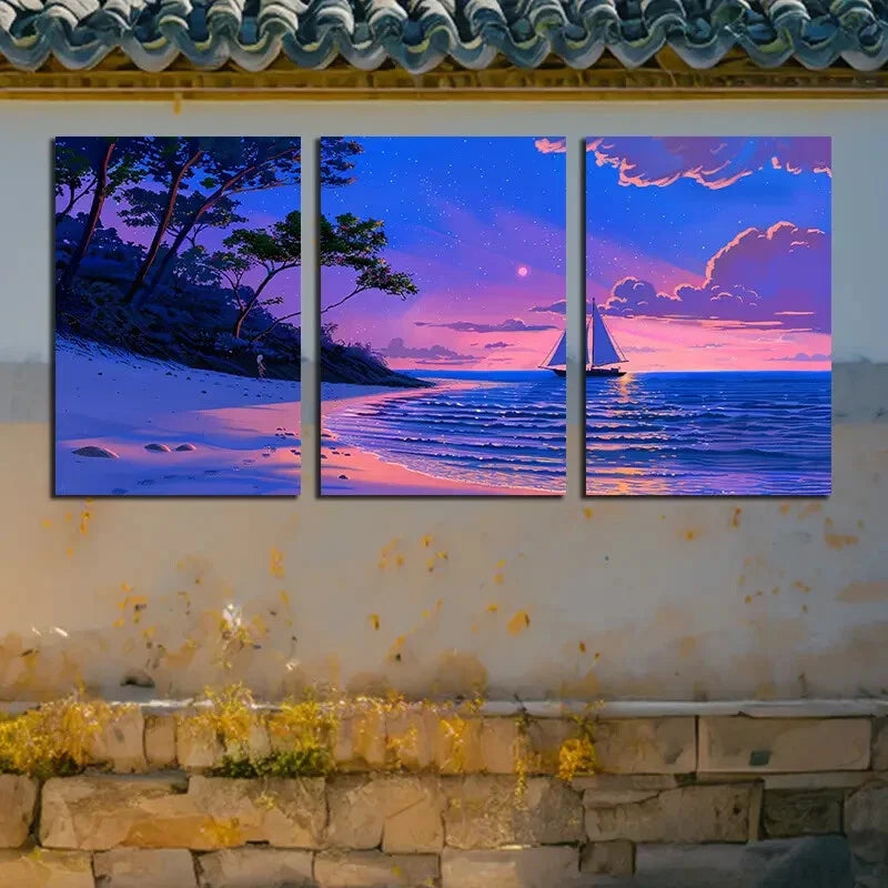 3pcs Vibrant Sailboat on The Beach Illustration Metal Print Ready to Hang Art