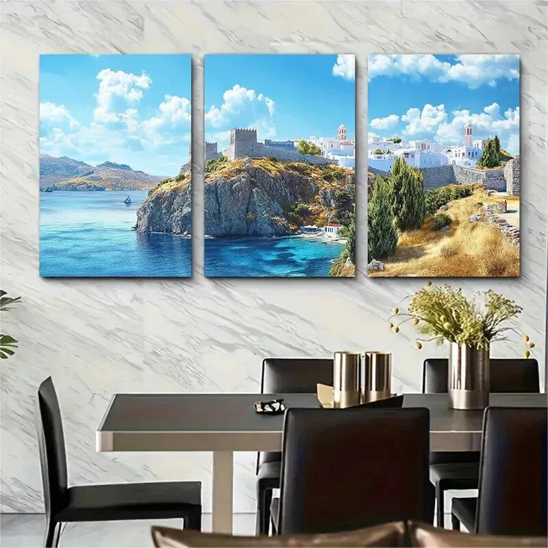 3pcs Greek Island Landscape with Blue Waters Metal Print Ready to Hang Art