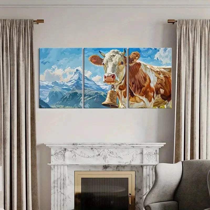 3pcs Brown & White Cow with Bell Mountain LandscapeMetal Print Ready to Hang Art