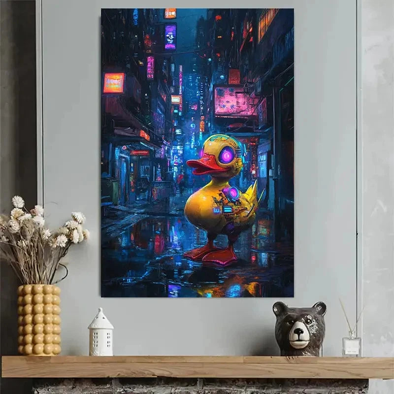 Cyberpunk Mechanical Duck Cityscape Poster 40x60cm Metal Print Ready to Hang