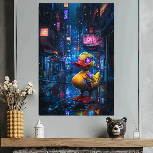 Cyberpunk Mechanical Duck Cityscape Poster 40x60cm Metal Print Ready to Hang