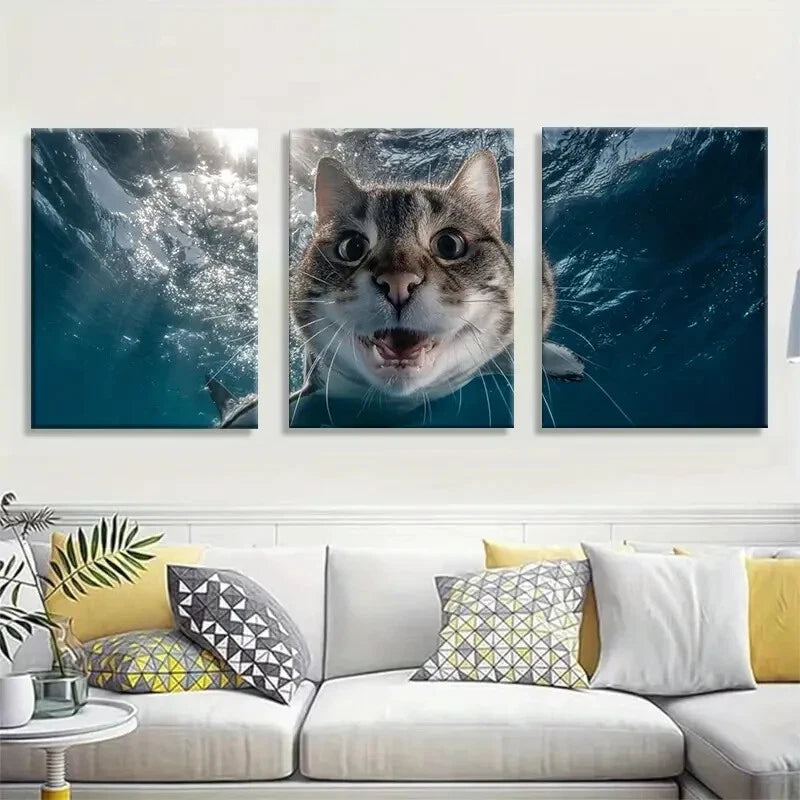 3pcs Funny Underwater Cat Hilarious Animal Metal Print Ready to Hang Art