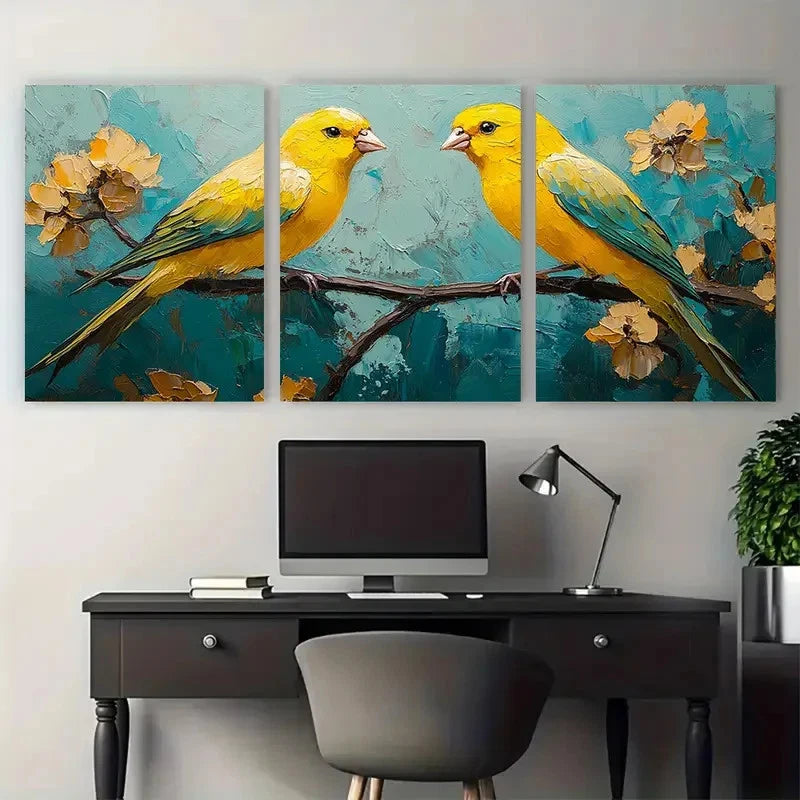 3pcs Vibrant Canary Birds Impasto Illustration Metal Print Ready to Hang Art