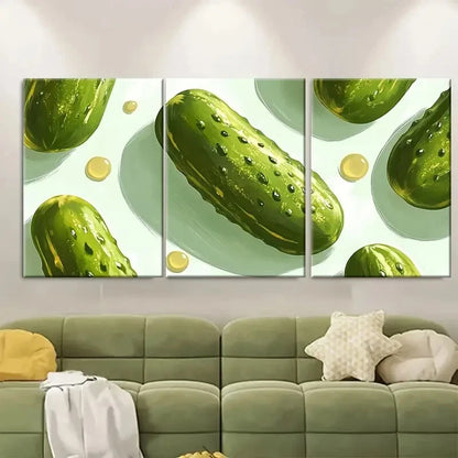 3pcs Vibrant Green Pickles with Golden Highlights Metal Print Ready to Hang Art