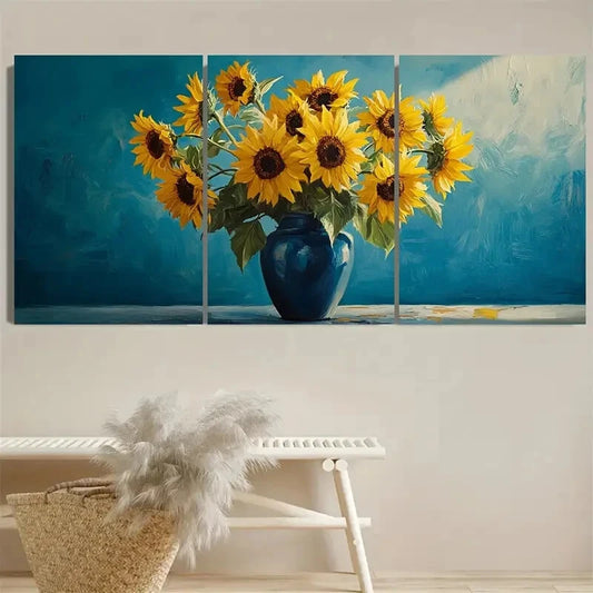 3pcs Vibrant Vase of Sunflowers Illustration Metal Print Ready to Hang Art