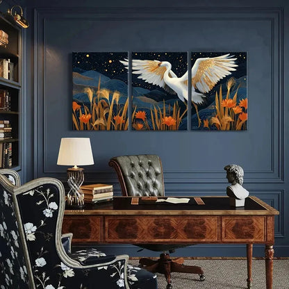 3pcs Elegant Crane Starry Night Golden Wings Metal Print Ready to Hang Art