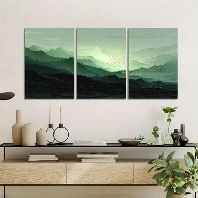 3pcs Green & Gray Layered Landscape Wall Art Metal Print Ready to Hang Art