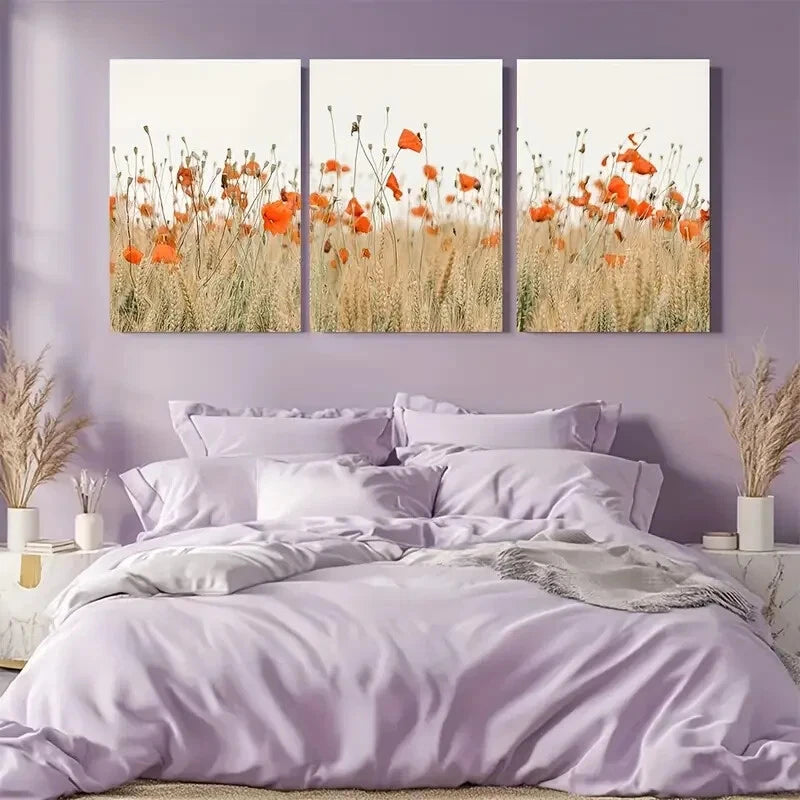 3pcs Vibrant Wildflower Poppies Field Botanical Metal Print Ready to Hang Art