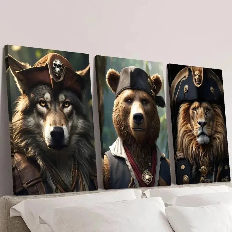 3pcs Ancient Pirates Wolf Bear and Lion Wall Art Set Canvas Framed 40x60cm - High Quality Print 100% Australian Made Wall Canvas Ready to Hang