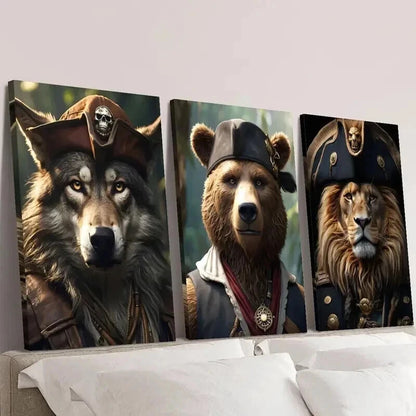 3pcs Ancient Pirates Wolf Bear and Lion Wall Art Set Canvas Framed 40x60cm - High Quality Print 100% Australian Made Wall Canvas Ready to Hang