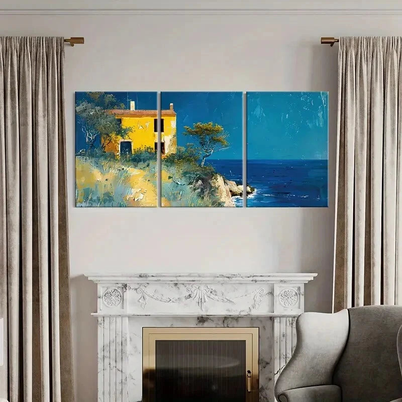 3pcs Artistic Coastal Landscape Yellow House Metal Print Ready to Hang Art