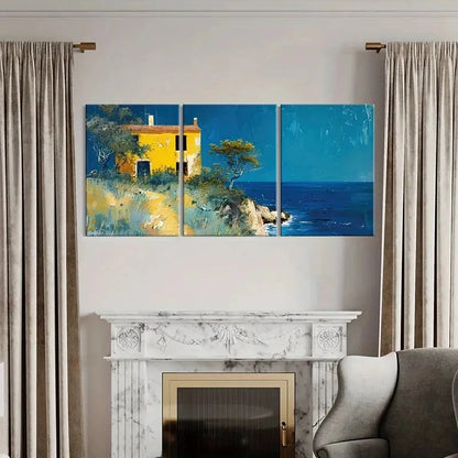 3pcs Artistic Coastal Landscape Yellow House Metal Print Ready to Hang Art