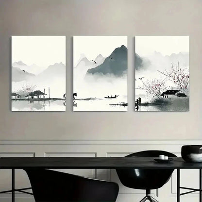 3pcs Chinese Ink Painting with Black Brushstrokes Metal Print Ready to Hang Art